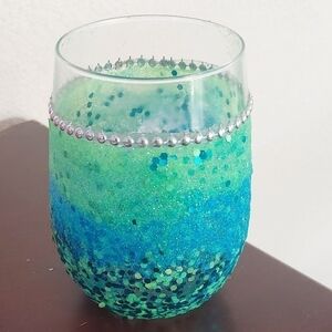 HANDMADE blue and green Glitter Ombré Wine Glass